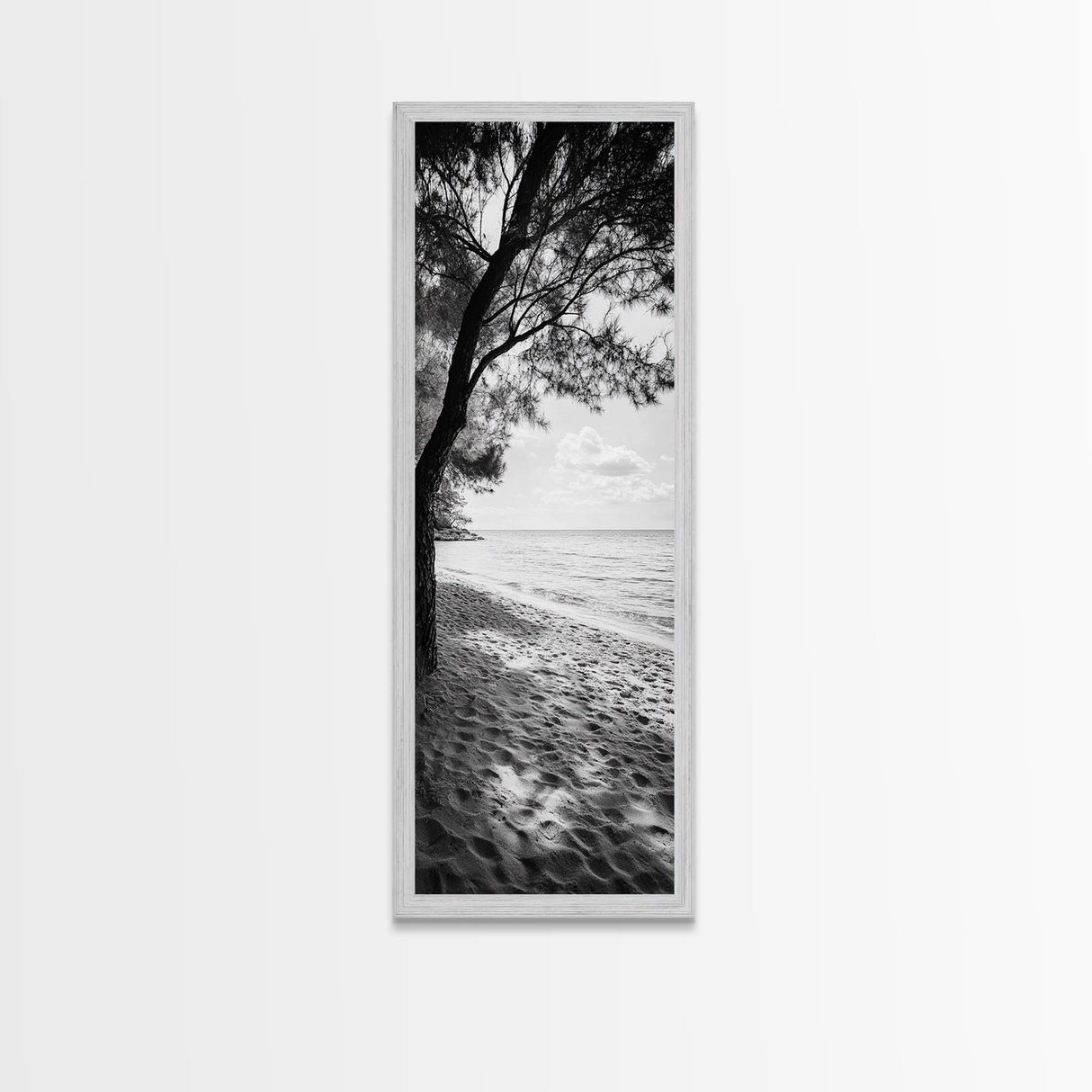 Coastal Tree Shade, Beach Sand Path, Seaside Serenity, Nature Retreat, Framed Canvas Print, Bathroom Wall Art, Neutral Tones, Calm Ocean Art