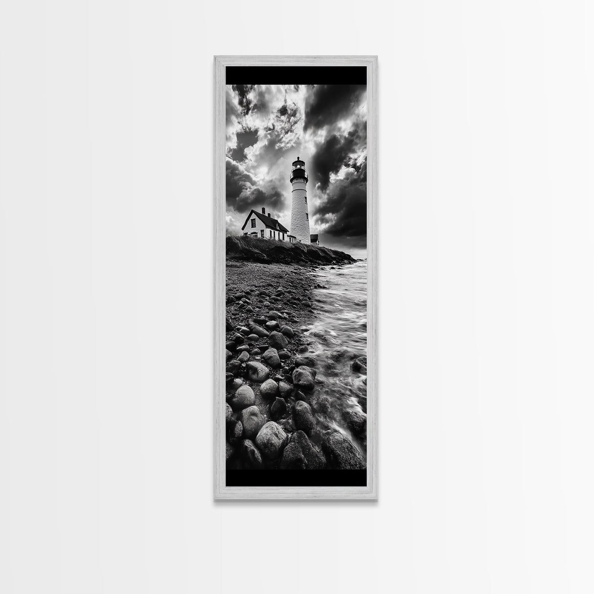 Lighthouse Drama, Coastal Storm, Rocky Shoreline Scene, Moody Ocean Sky, Framed Canvas Print, Nautical Living Room Wall Art, Black White Art
