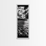 Lighthouse Drama, Coastal Storm, Rocky Shoreline Scene, Moody Ocean Sky, Framed Canvas Print, Nautical Living Room Wall Art, Black White Art