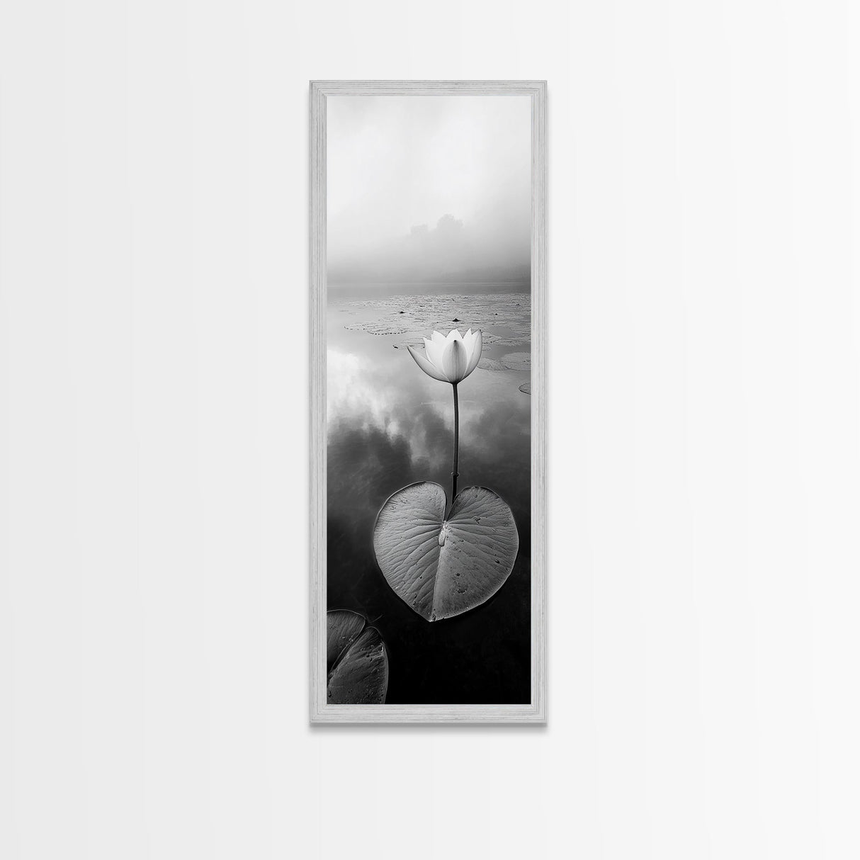 Minimalist Lotus, Zen Flower, Misty Pond, Tranquil Nature, Monochrome Botanical Framed Canvas Print, Bedroom Meditation Wall Decor