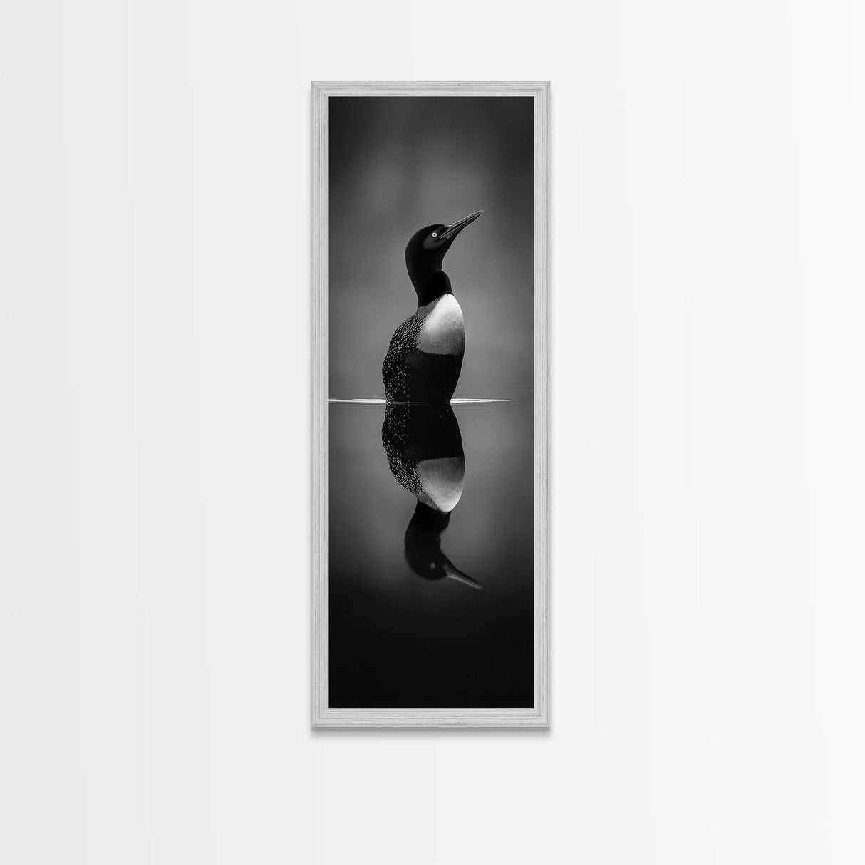 Reflected Loon, Lake Silence, Bird Mirror, Wildlife Art, Moody Black White Framed Canvas Print, Study Nature Wall Decor Minimalist Style