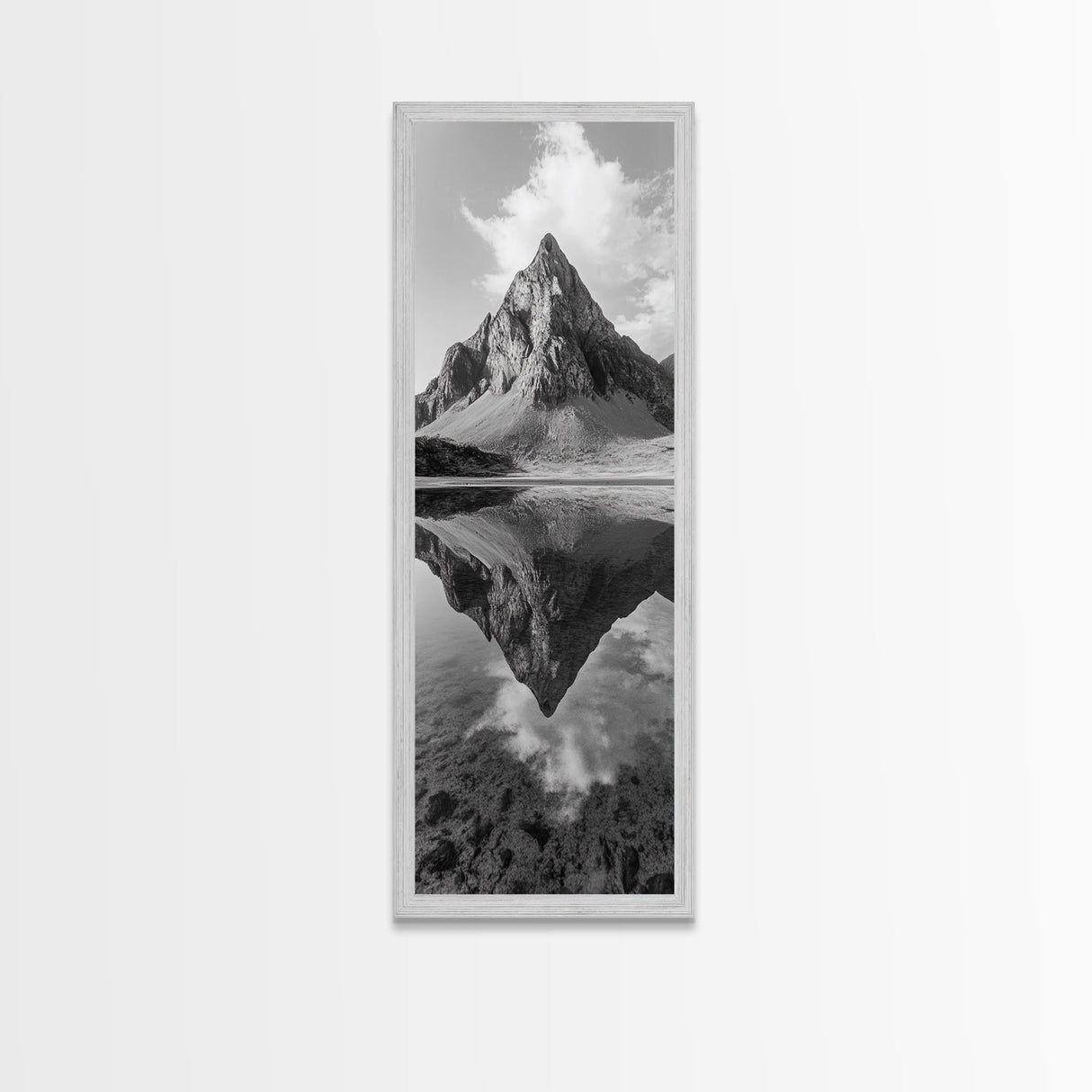 Sharp Mountain Peak, Reflection Stillness, Monochrome Wild, Framed Canvas Print, Rustic Cabin Wall Art, Nature Lover Gift Idea