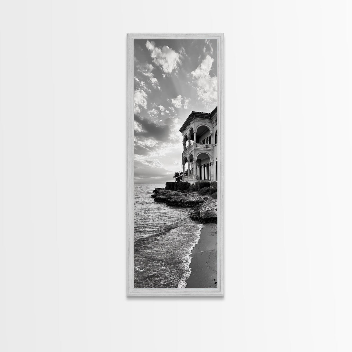 Italian Villa Coast, Seaside Architecture Print, Elegant Travel Decor, Framed Canvas Print, Dining Room Wall Art, Monochrome