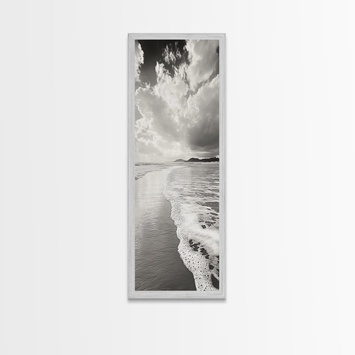 Beach Horizon, Ocean Calm, Foamy Shore, Black White Coastal Art, Canvas Print, Bathroom Decor, Peaceful Coastal Minimalist Style