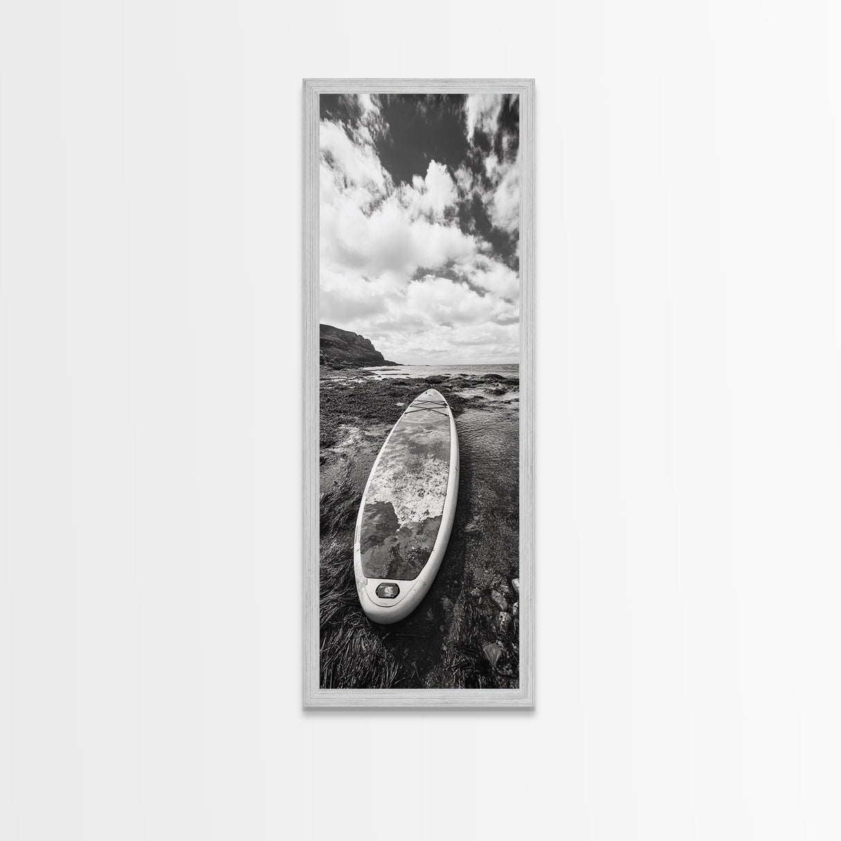 Surfboard Still, Rocky Shore, Beach Vibes, Framed Canvas Print, Coastal Bathroom Wall Art, Minimalist Beach Decor, Summer Style
