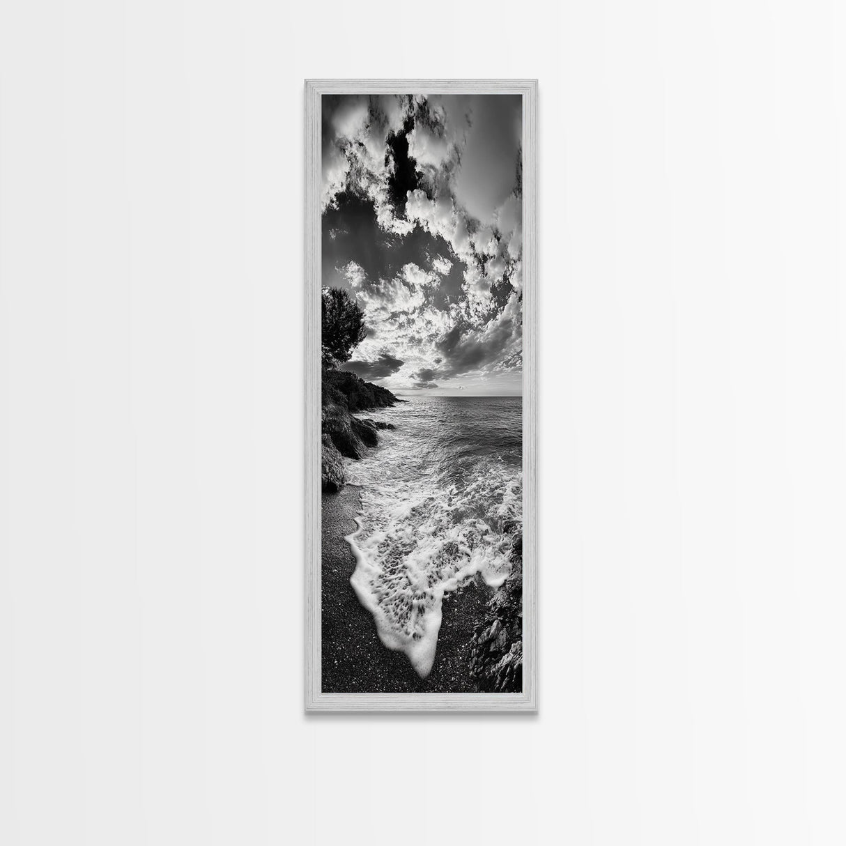 Rocky Coastline, Ocean Foam, Sunset Glow, Framed Canvas Print, Nautical Wall Art, Beach House Decor, Moody Seascape Photography