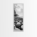 Rocky Beach View, Ocean Horizon, Sunrise Light, Framed Canvas Print, Relaxing Bedroom Wall Art, Modern Coastal Photography, Bathroom Wall Art