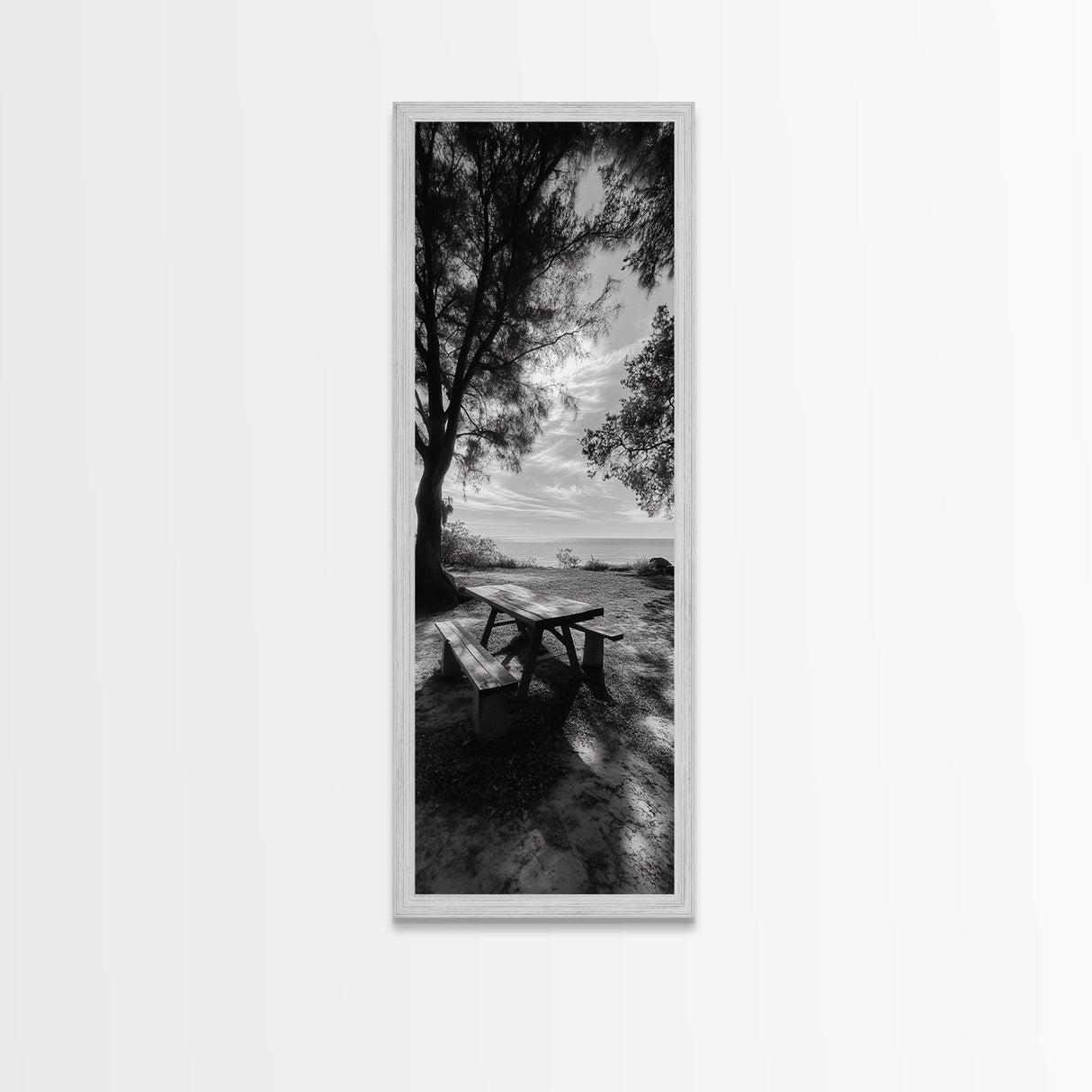 Seaside Picnic Spot, Tranquil Coastal Scene, Nature Landscape, Framed Canvas Print, Dining Room Print, Beach House Wall Art, Hallway Decor