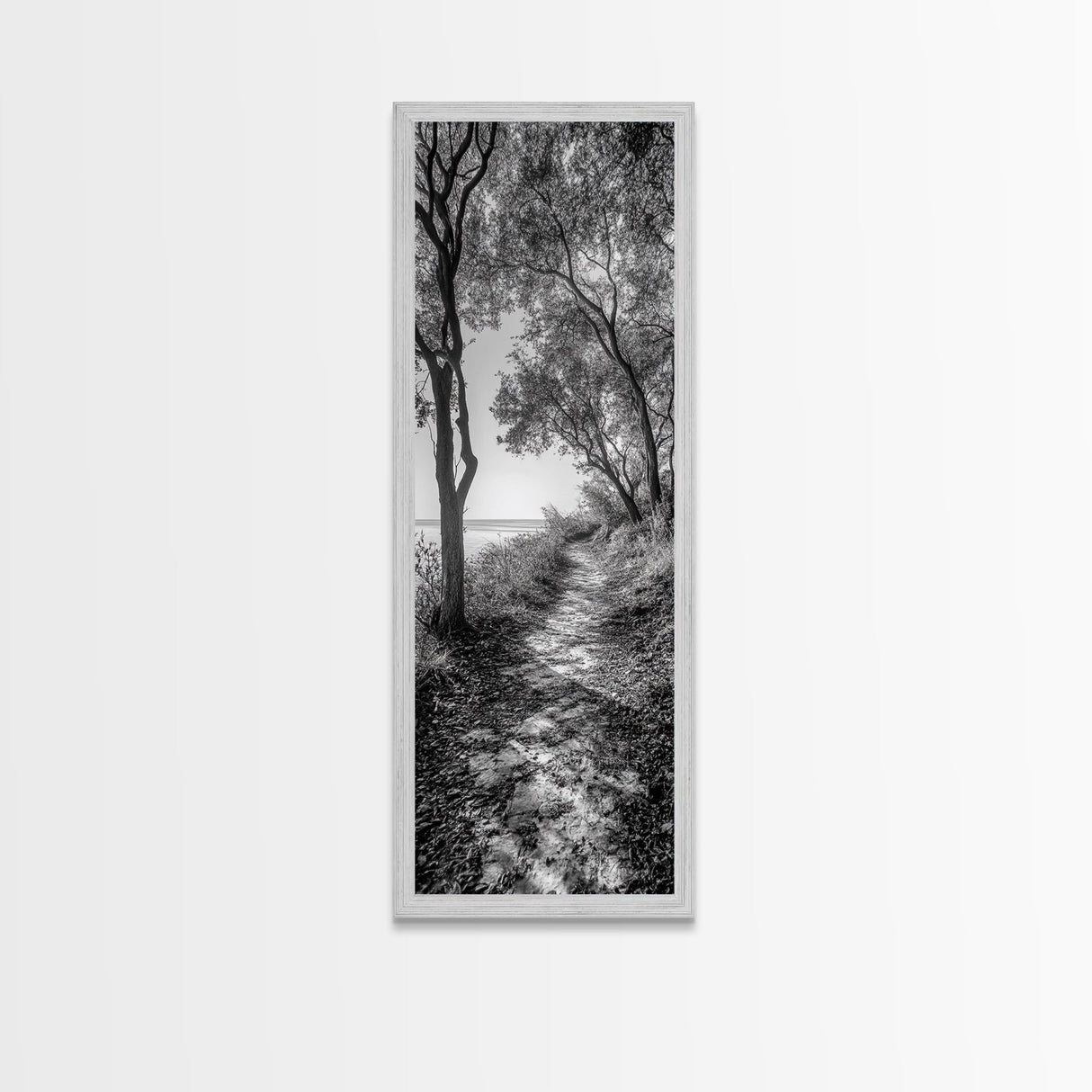 Lakeside Pathway Scene, Forest Walk Tranquility, Coastal Trail Mood, Framed Canvas Print, Nature-Lover Bedroom Wall Art, Cabin Wall Art