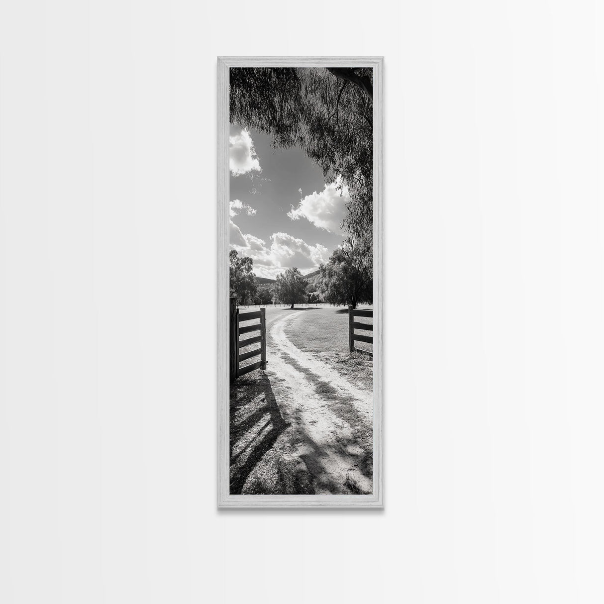 Country Road, Wooden Fence, Open Fields, Tree Shadows, Canvas Print, Rustic Farm Wall Art, Minimalist Nature Photography, Entryway Home Decor