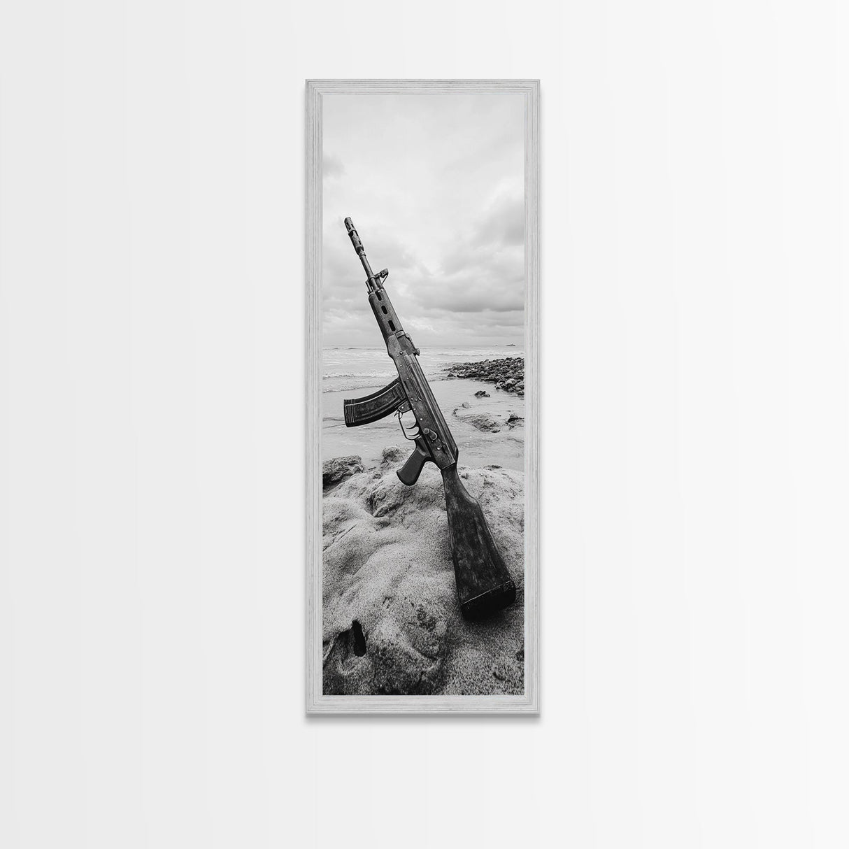 War Relic, AK Rifle, Surreal Beach Scene, Framed Canvas Print, Bold Statement Art, Bachelor Pad or Office Decor, Rustic Industrial Style