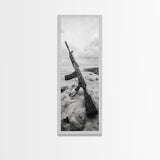 War Relic, AK Rifle, Surreal Beach Scene, Framed Canvas Print, Bold Statement Art, Bachelor Pad or Office Decor, Rustic Industrial Style