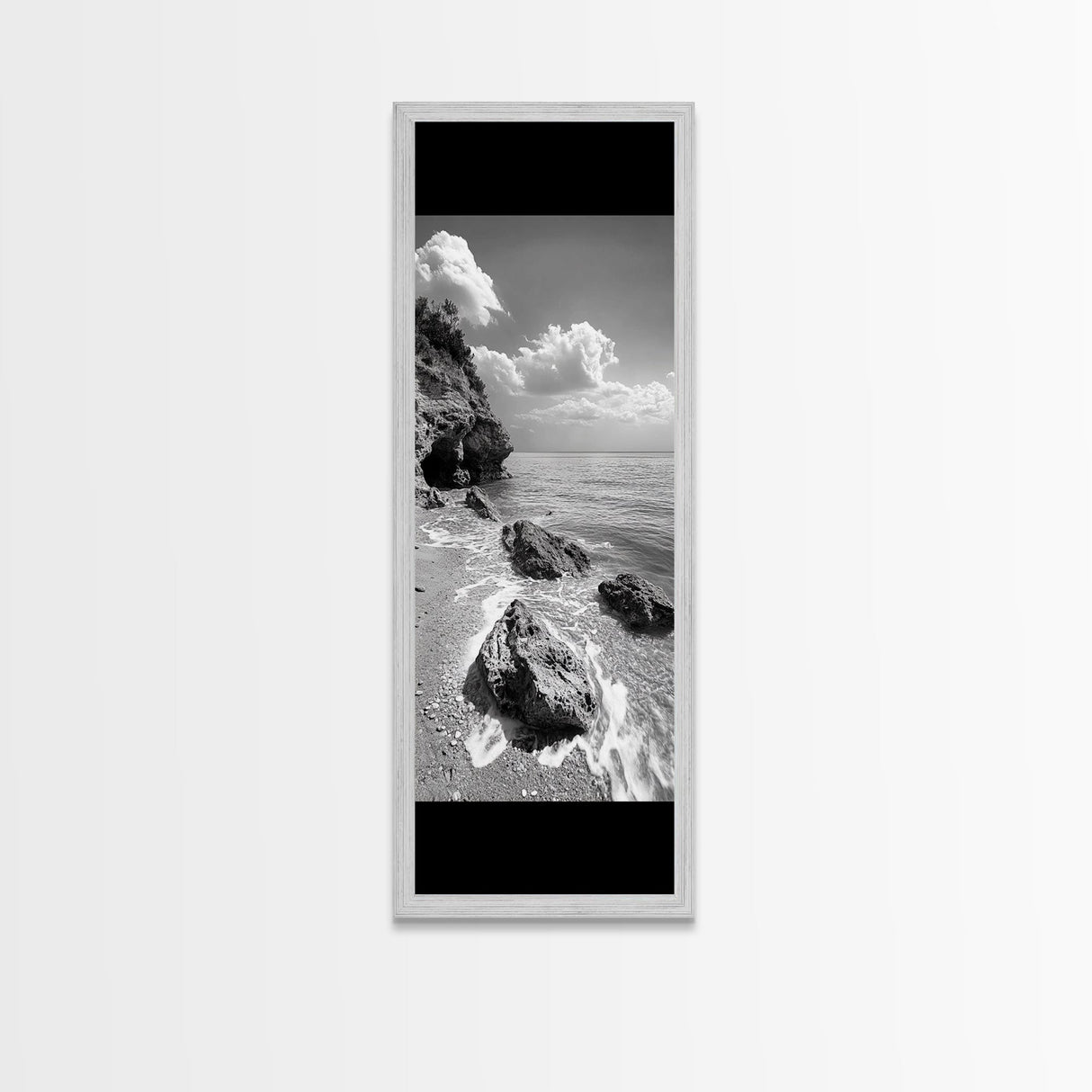 Rocky Beach, Calm Water, Summer Shore, Black White Coastal View, Framed Canvas Print Beach Wall Art, Nature Decor, Coastal Bathroom Style