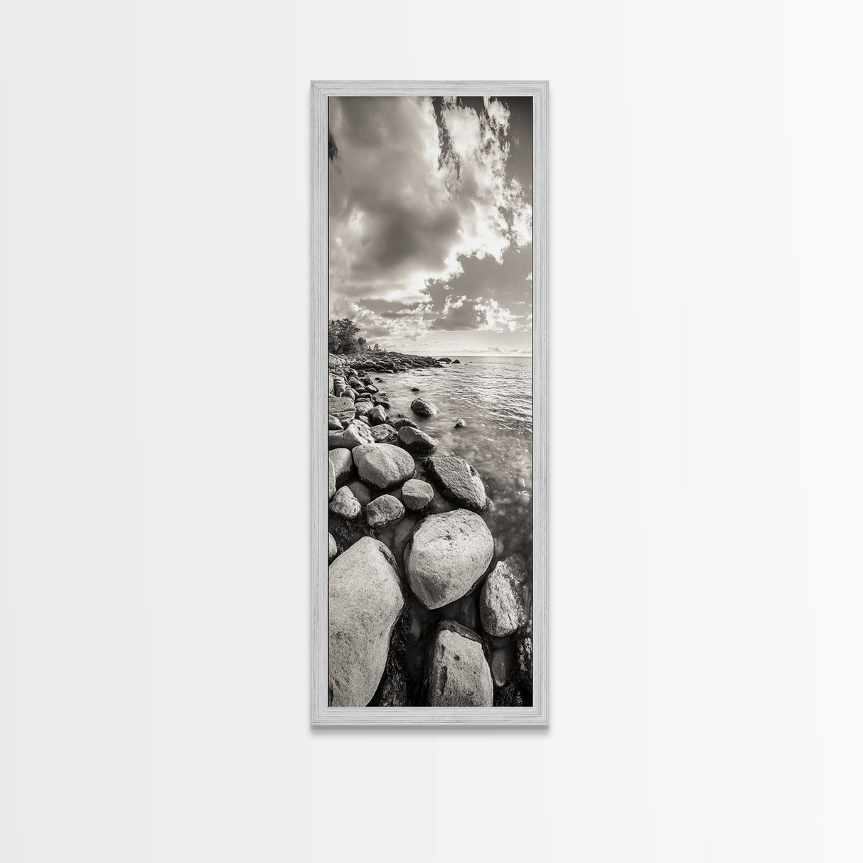 Sunrise Shore, Tranquil Coast, Pebble Beach, Golden Glow, Framed Canvas Print Fall Wall Art, Landscape Living Room Decor, Minimalist Aesthetic