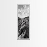 Rope in Sand, Beach Path Perspective, Coastal Journey, Framed Canvas Print, Bathroom Wall Art, Seaside Style, Minimalist Nautical Scene