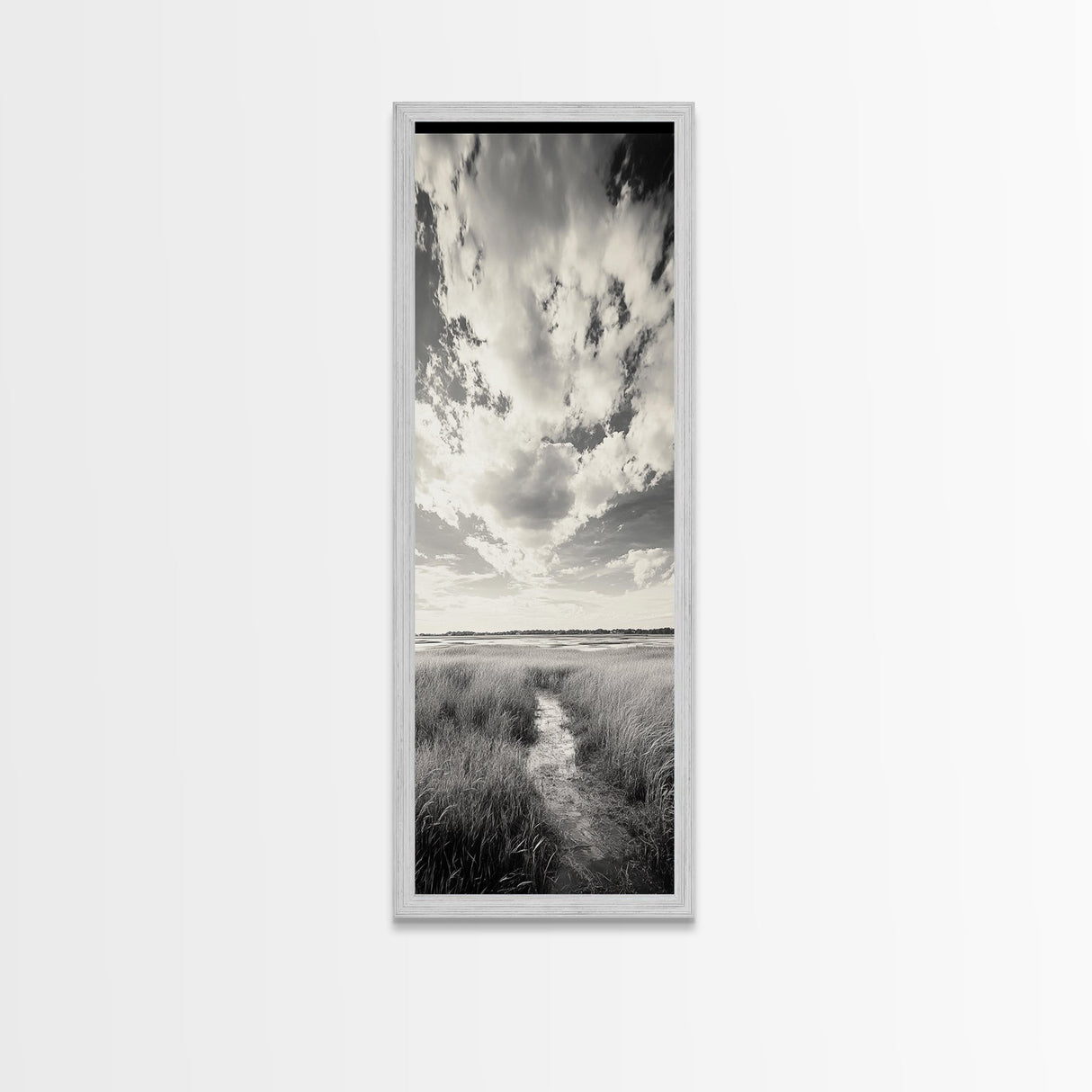 Marshland Pathway, Coastal Grassland Art, Nature Wall Decor, Calm Landscape Style, Framed Canvas Print, Neutral Tones Minimalist
