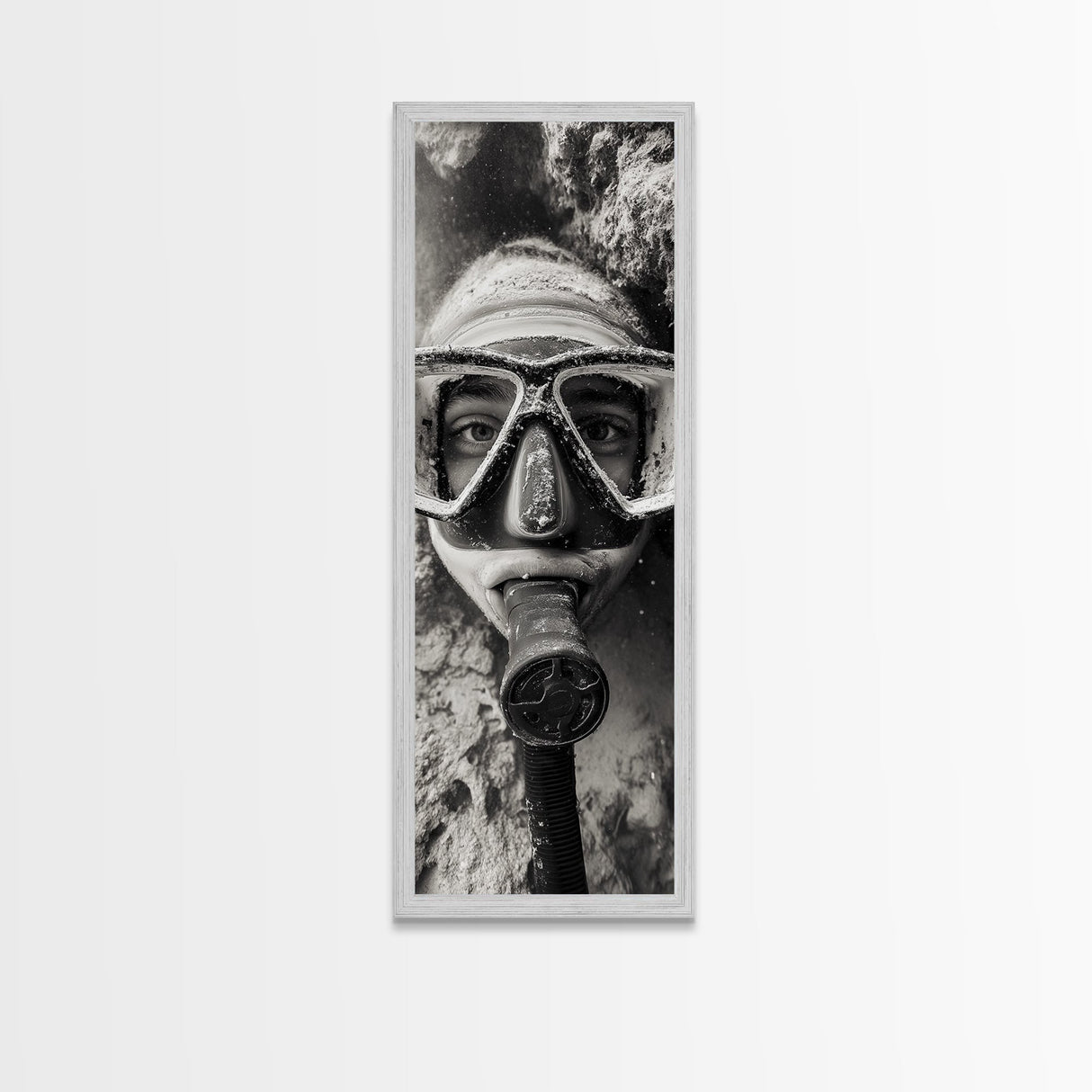 Diver Portrait, Underwater View, Close-Up Eyes, Canvas Print, Adventure Wall Art, Scuba Diving Decor, Unique Bathroom Art, Monochrome Style