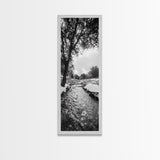 Peaceful Creek, Snow Trees, Winter Flow, Framed Canvas Print, Rustic Nature Art, Farmhouse Wall Decor, Serene Entryway Accent, Bedroom Decor