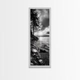 Tree Shoreline, Tranquil Water, Sunset Reflection, Peaceful Horizon, Framed Canvas Print, Nature Photography, Cabin Wall Art