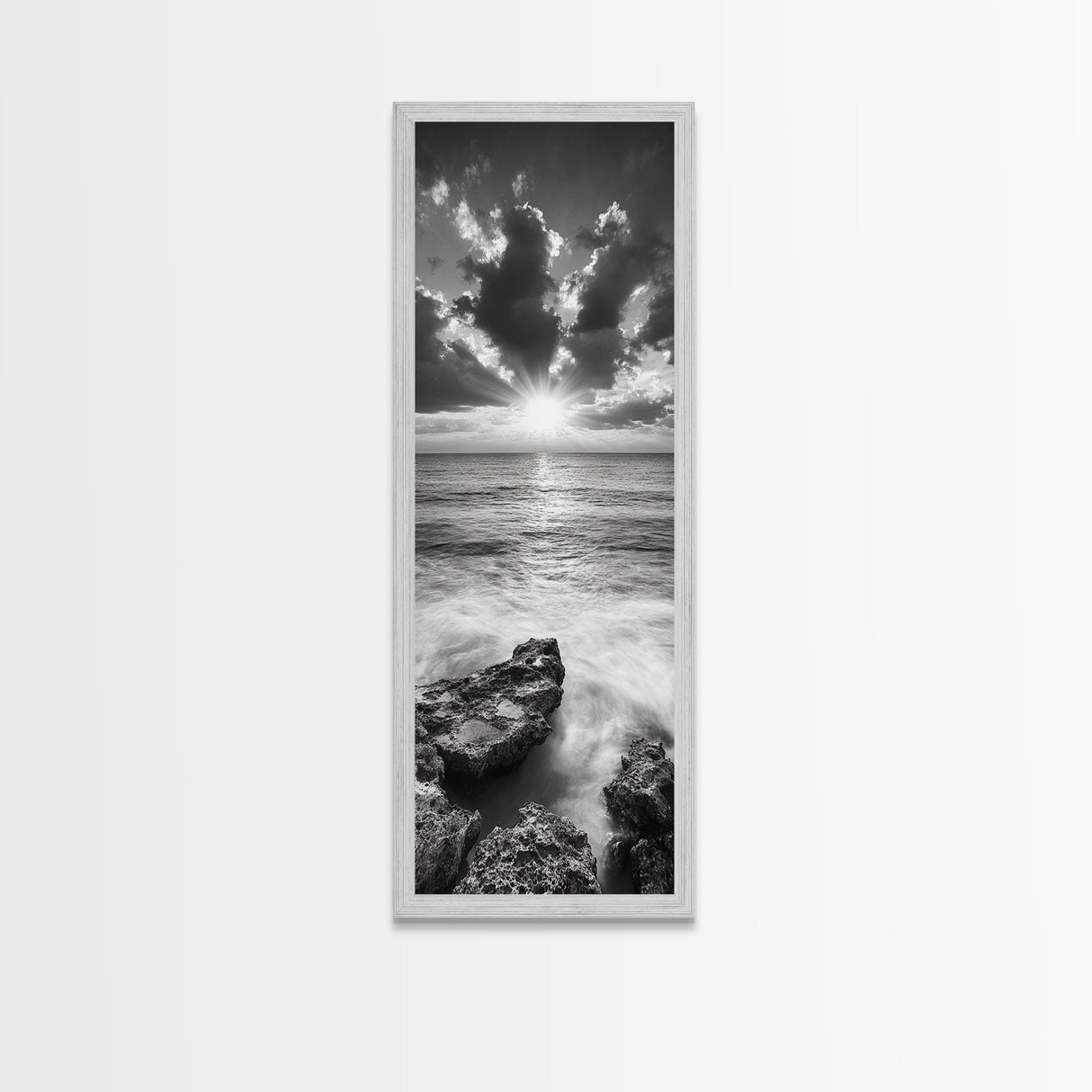 Rocky Sea, Glowing Horizon, Soft Waves, Twilight Sky, Canvas Print, Coastal Art, Living Room Wall Art, Seaside Modern Decor