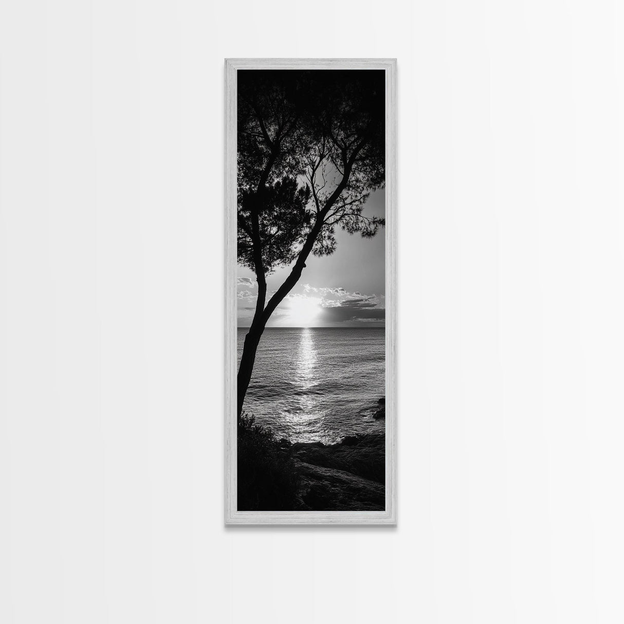 Coastal Tree, Ocean Sunset, Silhouetted Landscape, Peaceful Water, Framed Canvas Print, Nature Art, Bedroom Tranquil Decor