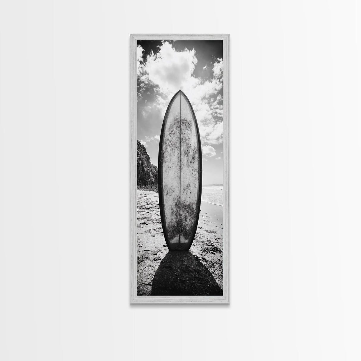 Surfboard Vertical, Sandy Beach, Coastal Rocks, Ocean Horizon, Framed Canvas Print, Surf Art, Dorm Room Decor, Tropical Vibe