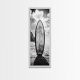 Surfboard Vertical, Sandy Beach, Coastal Rocks, Ocean Horizon, Framed Canvas Print, Surf Art, Dorm Room Decor, Tropical Vibe