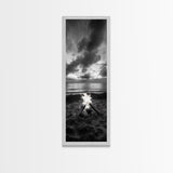 Campfire Glow Dusk, Beach Bonfire, Ocean Sunset Flame, Cozy Evening Mood, Framed Canvas Print, Fall Wall Art, Cabin Living Room Decor