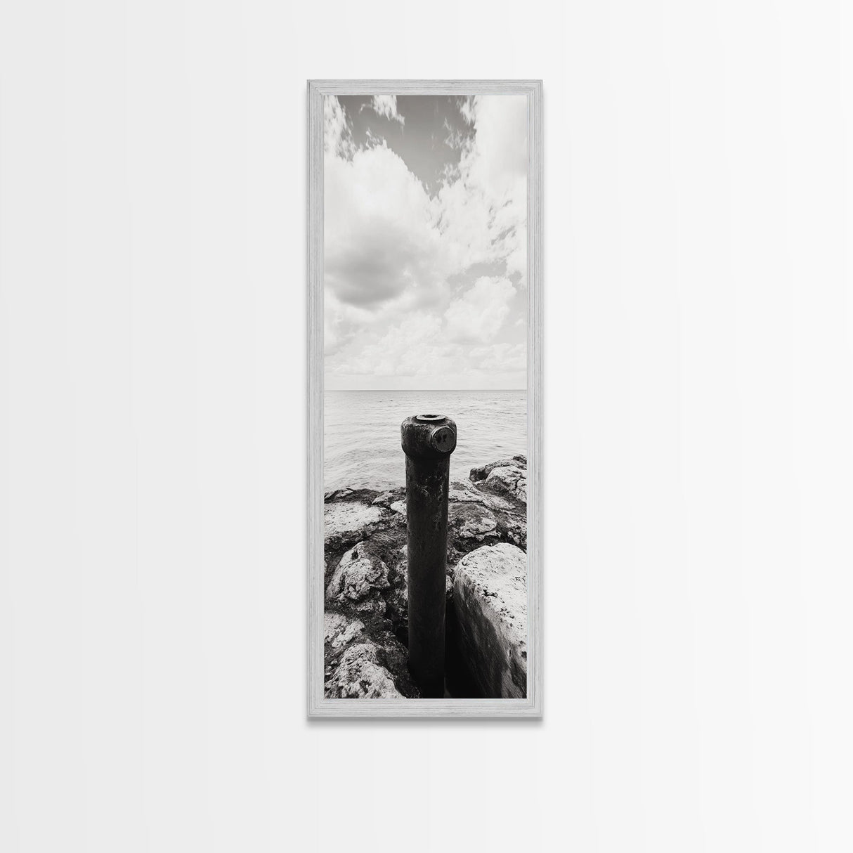 Coastal Pipe, Ocean View, Rusted Metal, Framed Canvas Print, Industrial Nautical Art, Bathroom Wall Decor, Minimal Seaside Landscape