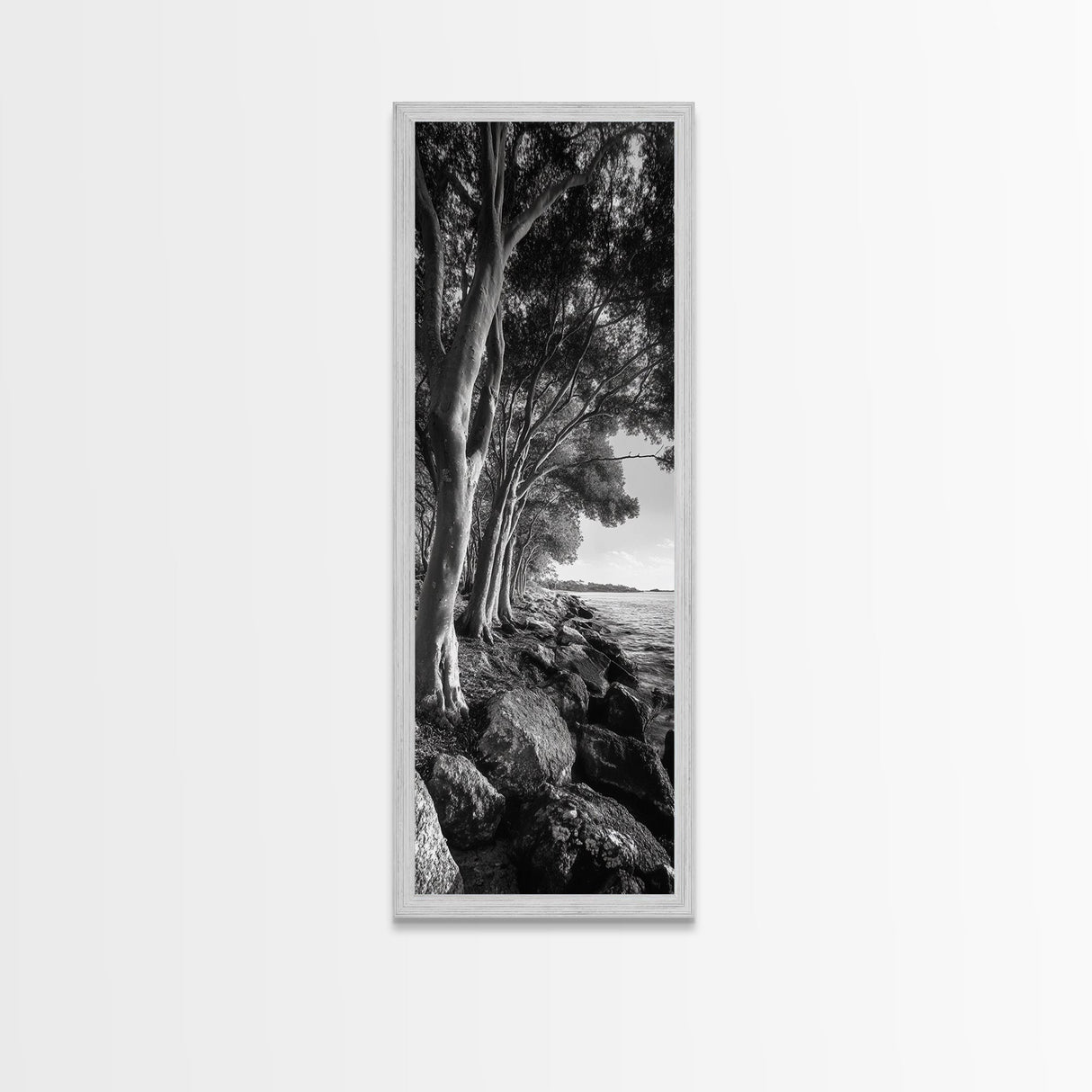 Riverside Trees, Rocky Shore, Natural Light, Canvas Print, Tranquil Forest Photography, Boho Nature Decor, Living Room Wall Art
