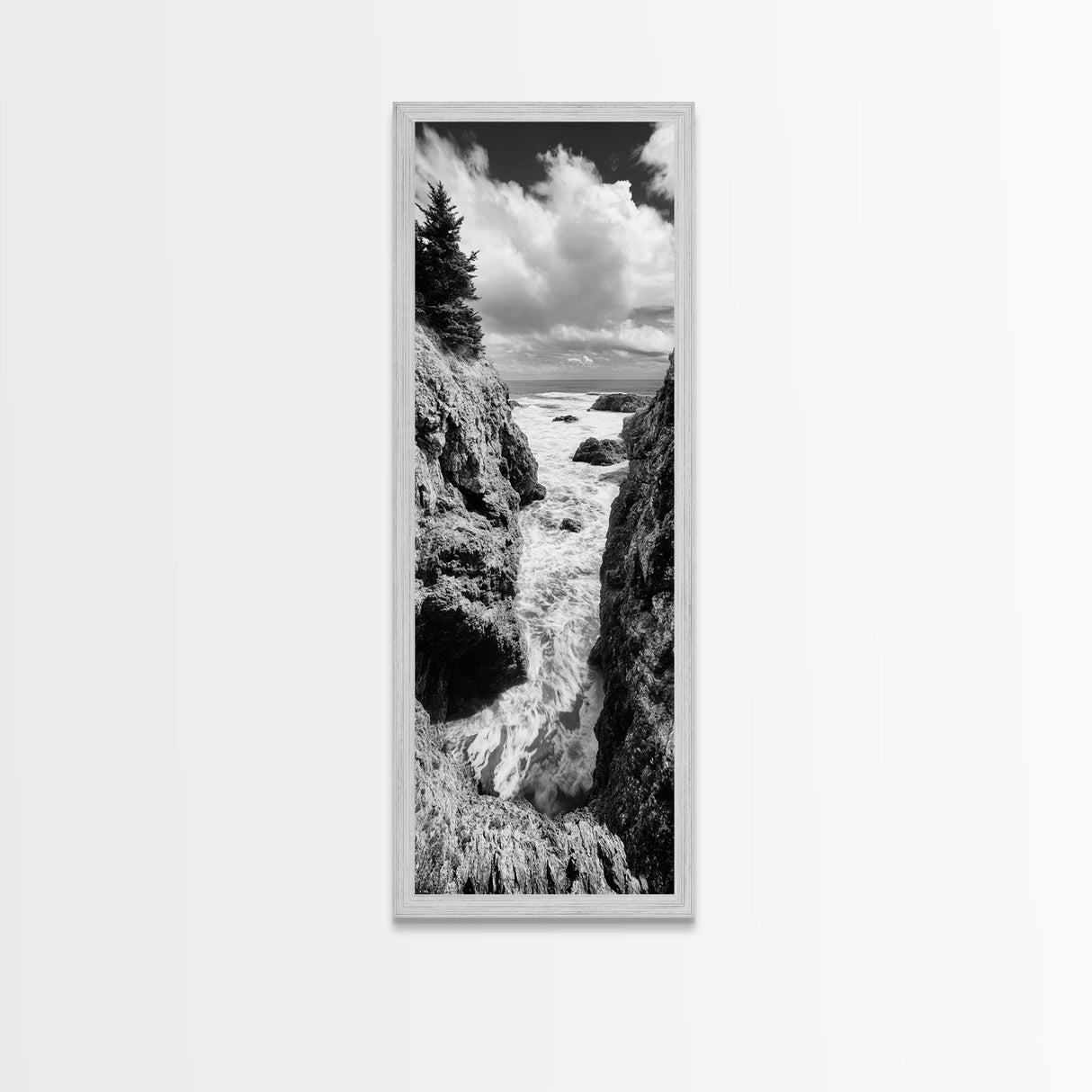 Coastal Cliff Waves, Rugged Seaside Art, Ocean Rock Photography, Bold Nature Wall Decor, Modern Bathroom Accent, Canvas Print