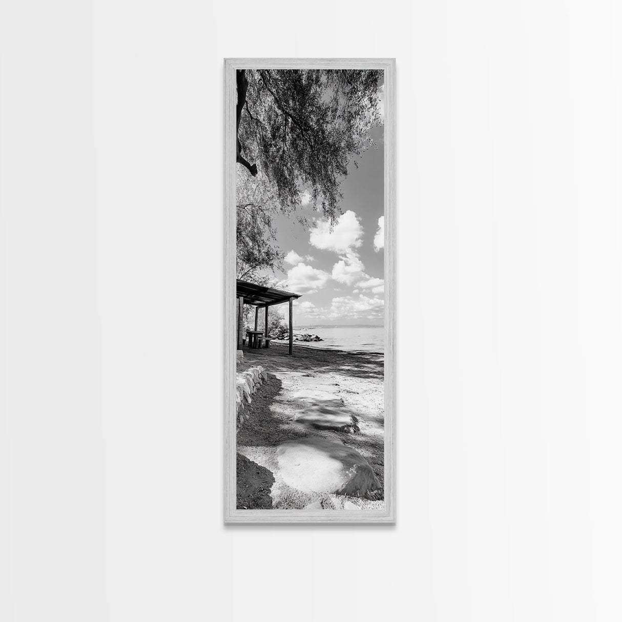 Coastal Bench, Ocean Peace, Nature Retreat, Minimal Landscape, Canvas Print, Zen Wall Art, Bedroom or Entryway Decor, Calm Beach Scene