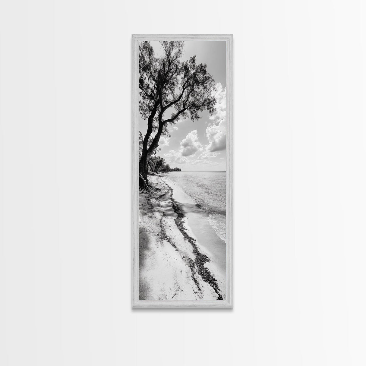 Serene Beach Tree, Calm Ocean Coast, Black White Shoreline, Framed Canvas Print, Coastal Entryway Decor, Minimal Nature Wall Art