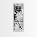 Serene Beach Tree, Calm Ocean Coast, Black White Shoreline, Framed Canvas Print, Coastal Entryway Decor, Minimal Nature Wall Art