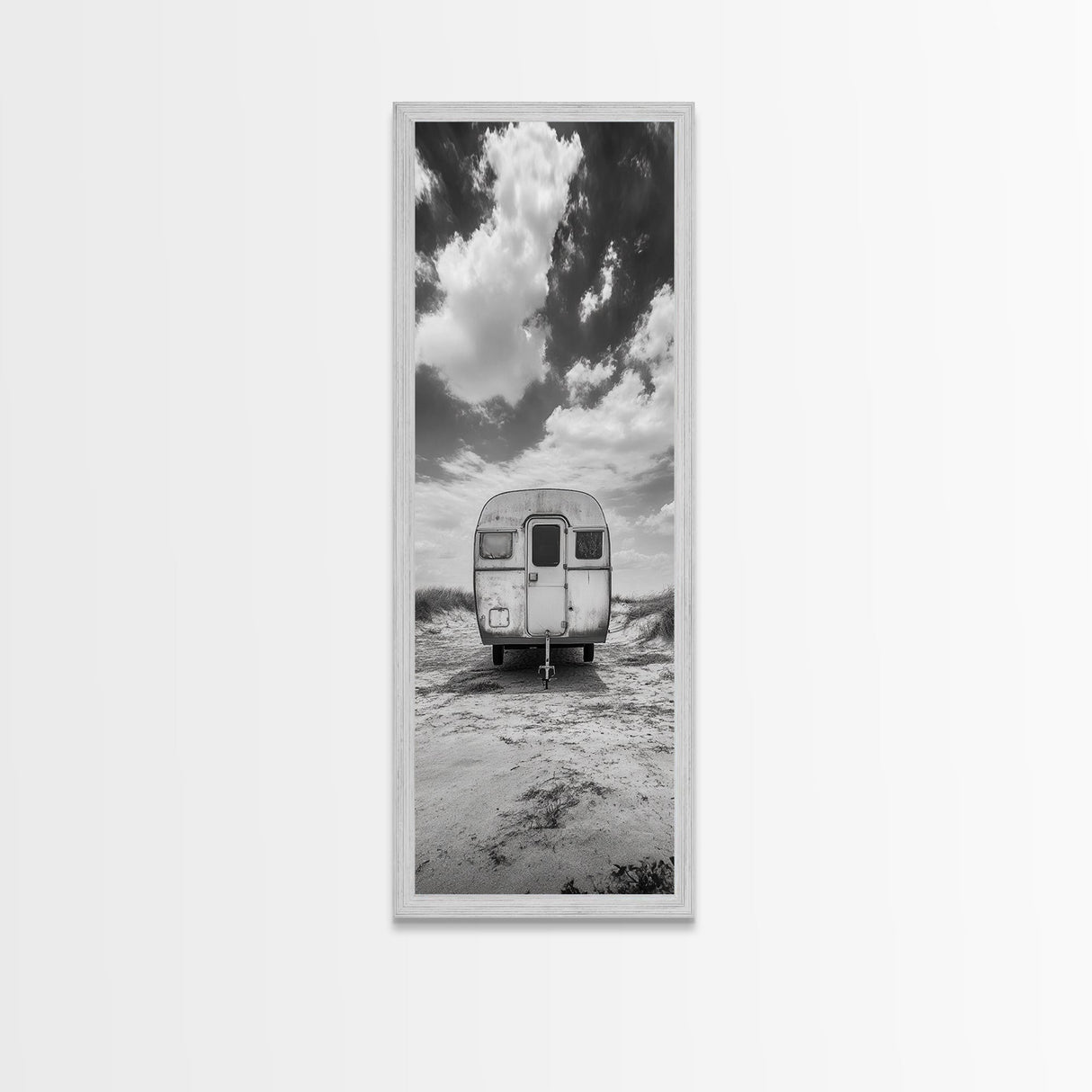 Vintage Camper, Cloudy Sky, Wanderlust Life, Desert Minimalism, Framed Canvas Print, Retro Travel Wall Art, Boho Bedroom Print, Office Art