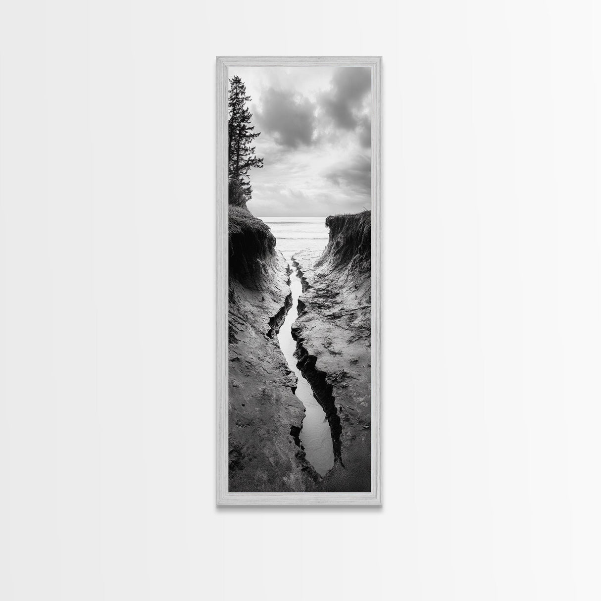 Coastal Crevice, Ocean Stream, Moody Nature, Rugged Beauty, Framed Canvas Print, Minimalist Beach Wall Art, Bedroom Art, Entryway Decor