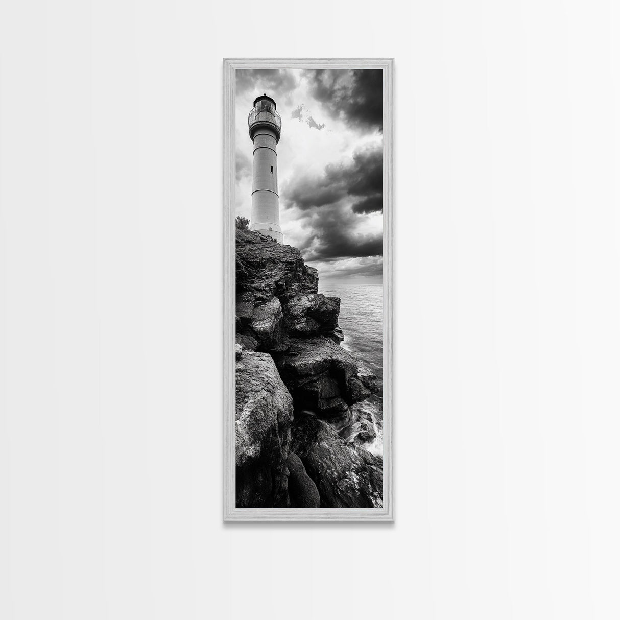 Lighthouse Coast, Stormy Sky, Black White Ocean, Framed Canvas Print, Nautical Wall Art, Rustic Beach House Living Room Decor