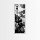 Lighthouse Coast, Stormy Sky, Black White Ocean, Framed Canvas Print, Nautical Wall Art, Rustic Beach House Living Room Decor
