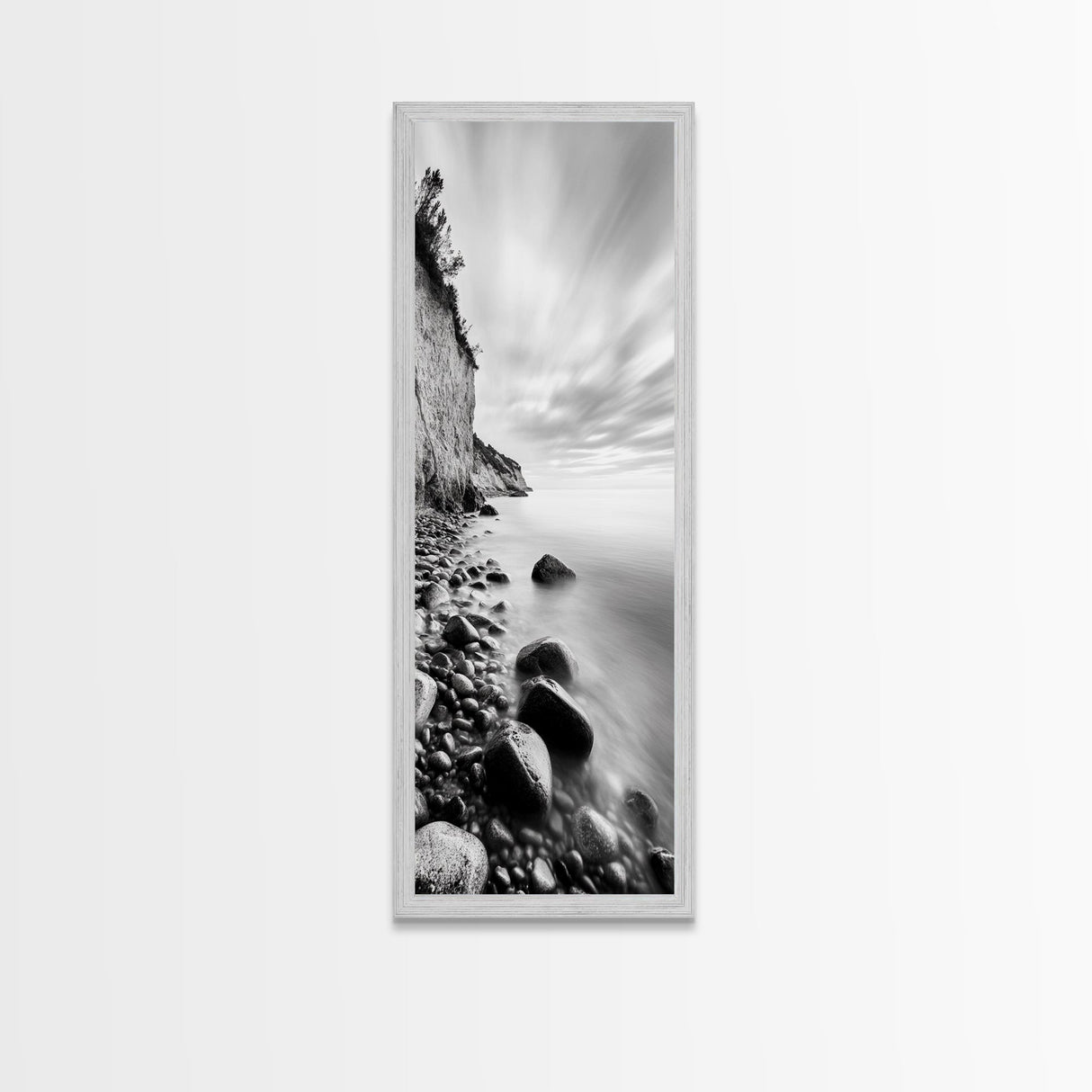 Rocky Shoreline, Coastal Calm, Seaside Mist, Canvas Print, Black White Minimalist Wall Art, Serene Bedroom or Bathroom Decor