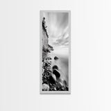 Rocky Shoreline, Coastal Calm, Seaside Mist, Canvas Print, Black White Minimalist Wall Art, Serene Bedroom or Bathroom Decor