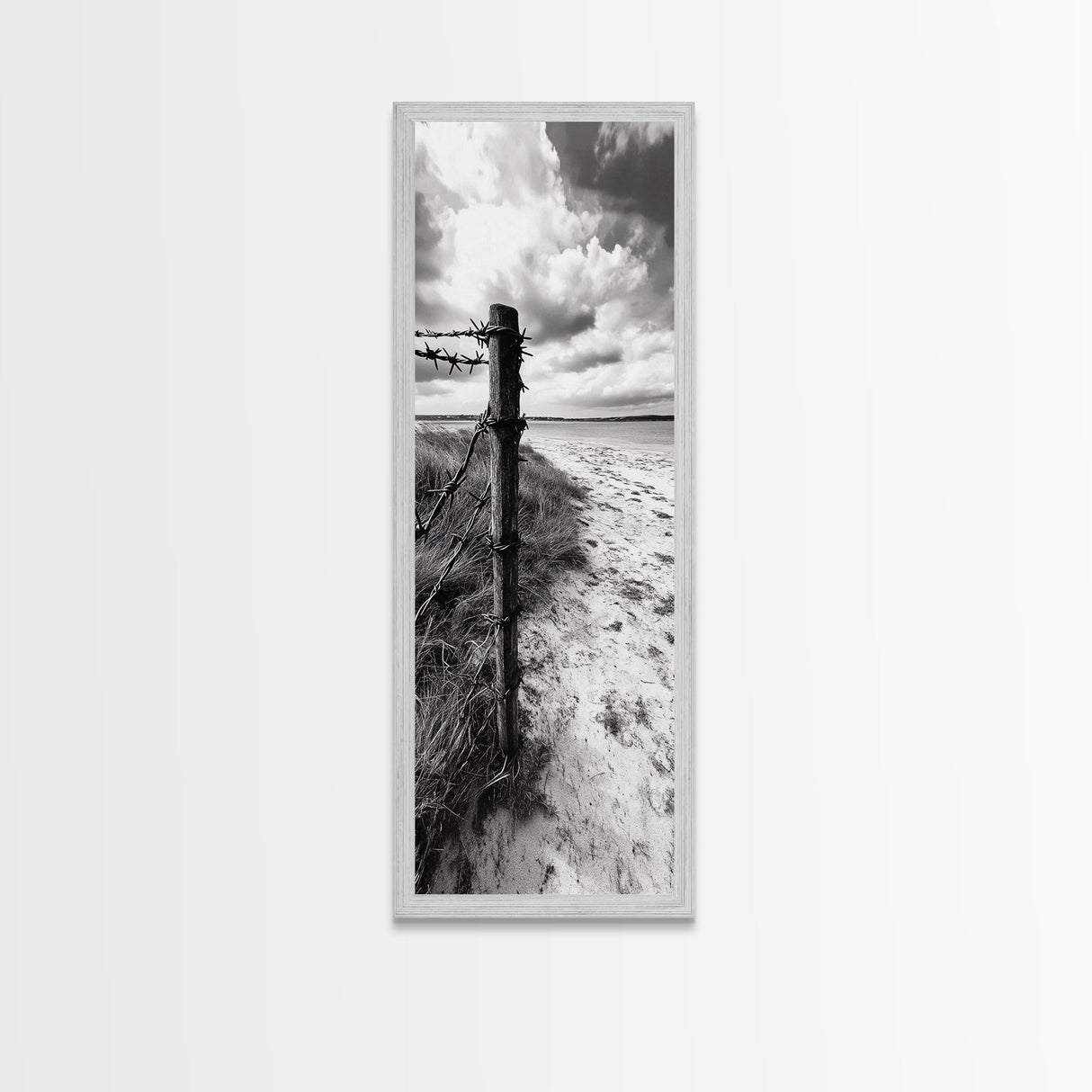 Barbed Fence, Sandy Dunes, Stormy Skies, Moody Coast, Natural Tension, Framed Canvas Print, Living Room Wall Art, Modern Western Decor