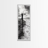 Barbed Fence, Sandy Dunes, Stormy Skies, Moody Coast, Natural Tension, Framed Canvas Print, Living Room Wall Art, Modern Western Decor