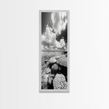Coral Reef, Ocean Horizon, Puffy Clouds, Framed Canvas Print, Coastal Bathroom Art, Nautical Decor, Black and White Beach Style