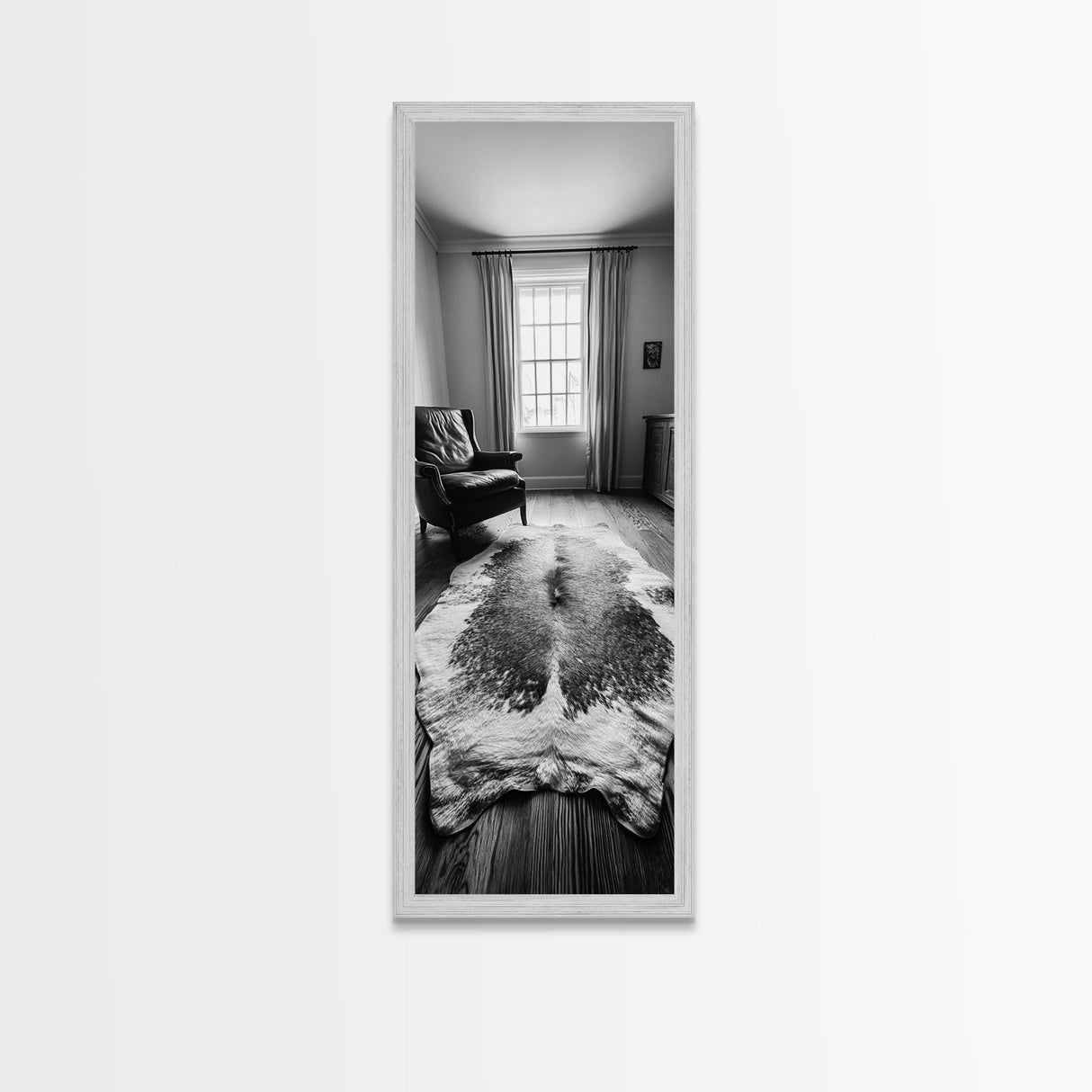 Leather Chair, Cozy Window, Cowhide Rug, Framed Canvas Print, Farmhouse Living Room Decor, Rustic Minimalist Art, Monochrome Interior