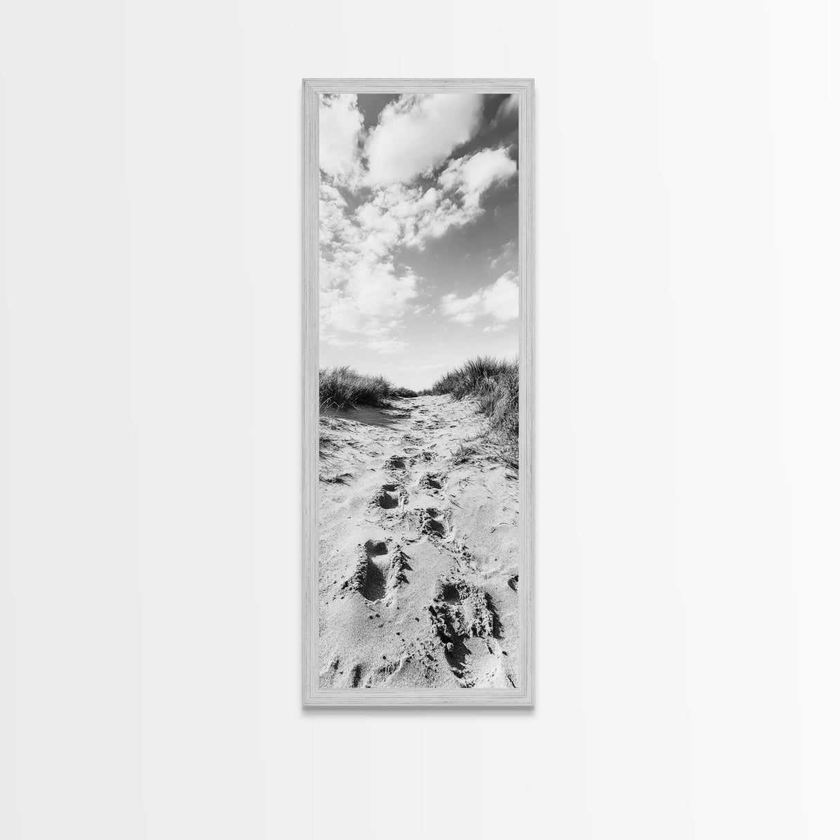 Sandy Trail, Dune Path, Footprints Grass, Canvas Print, Fall Coastal Decor, Boho Entryway Art, Black and White Beach Landscape