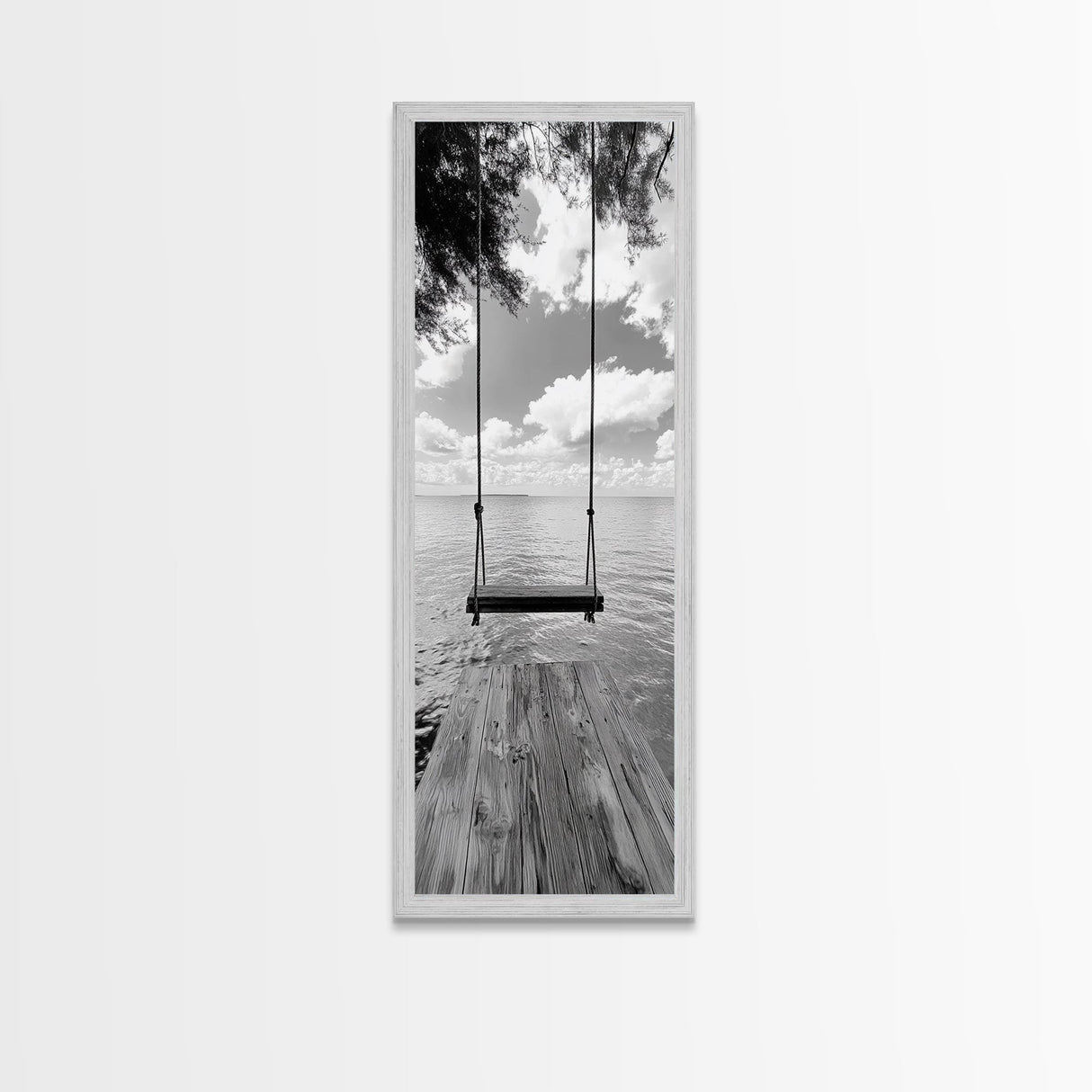 Lakeside Swing Stillness, Serene Water View Print, Peaceful Dock Photography, Canvas Print, Tranquil Bedroom or Office Wall Art