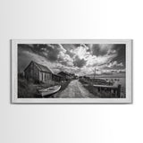 Seaside Village, Driftwood Cabins, Coastal Road, Vintage Fishing Town, Framed Canvas Print, Rustic Kitchen Wall Art, Moody Monochrome