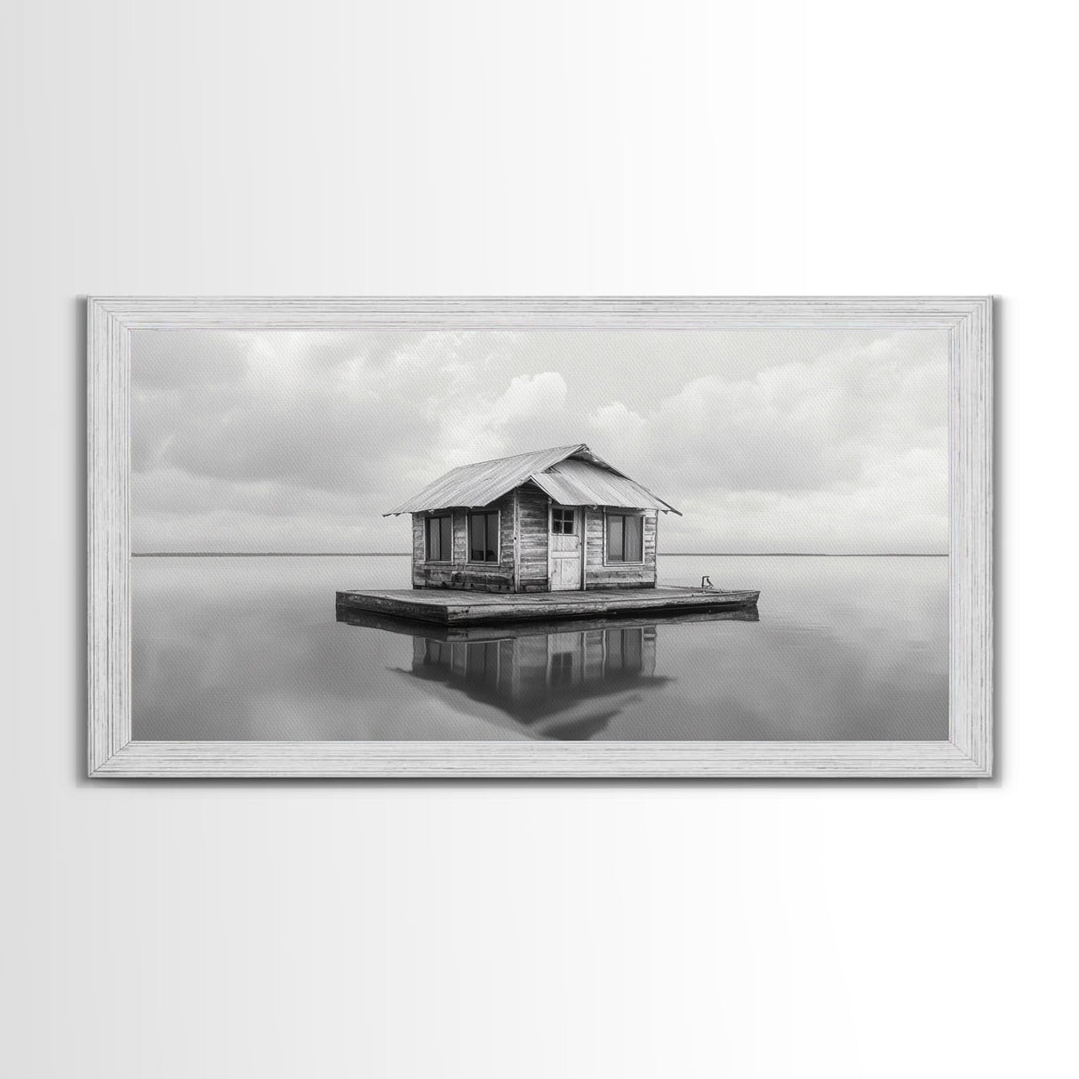 Floating Cabin, Lake House, Calm Waters, Dreamy Isolation Art, Canvas Print, Minimalist Living Room Wall Art, Coastal Style