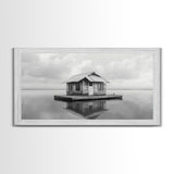 Floating Cabin, Lake House, Calm Waters, Dreamy Isolation Art, Canvas Print, Minimalist Living Room Wall Art, Coastal Style