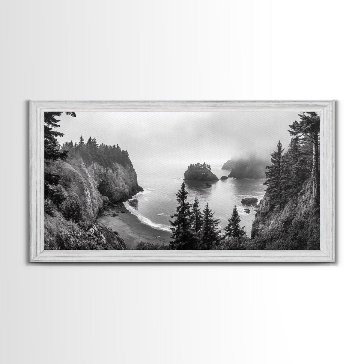 Misty Coastal Cliffs, Ocean Horizon, Monochrome Art, Nature Landscape, Canvas Print, Rustic Living Room Decor, Moody Wall Art, Black and White